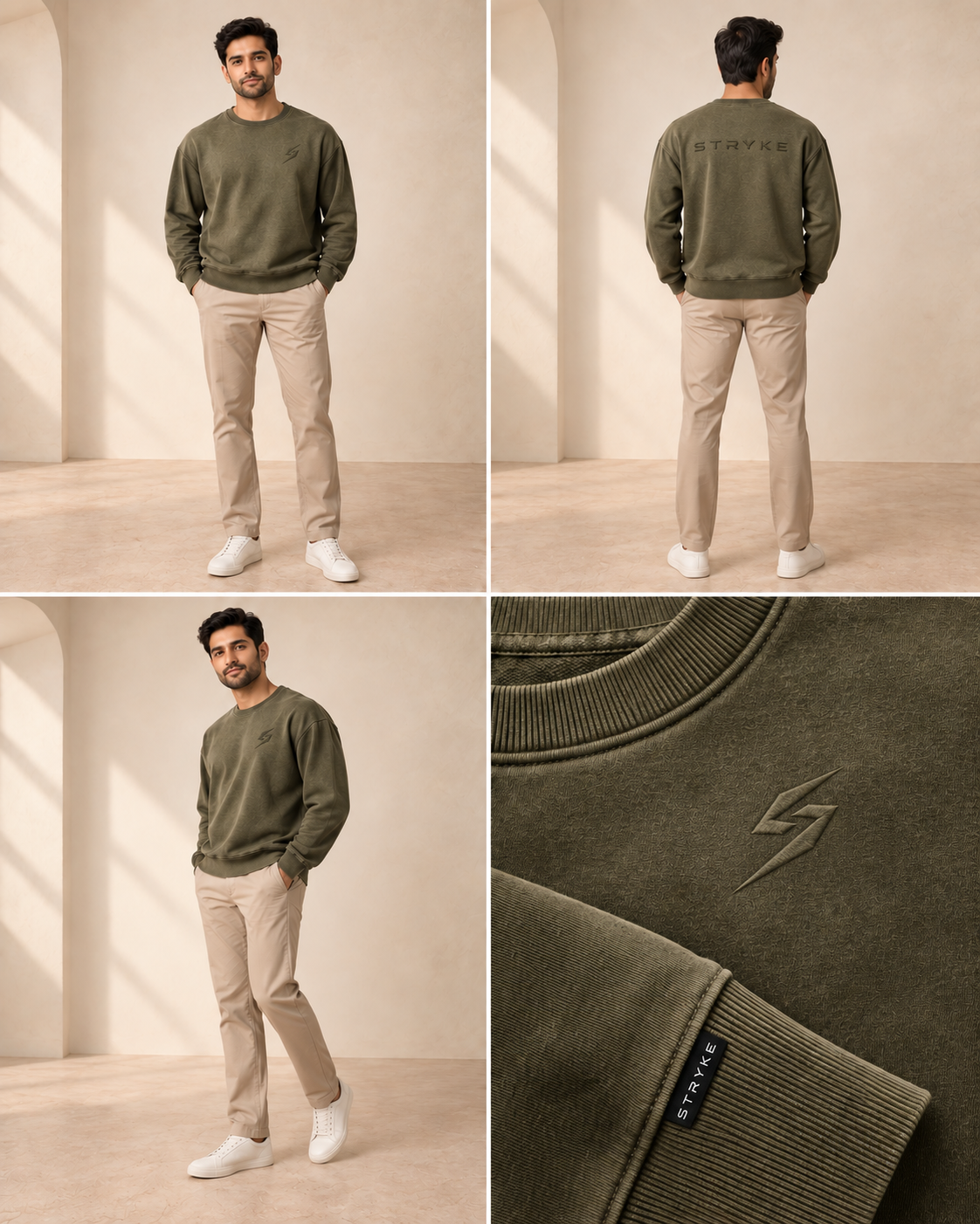 STRYKE Olive Archive Wash Sweatshirt on Pakistani male model with front, back and detail views