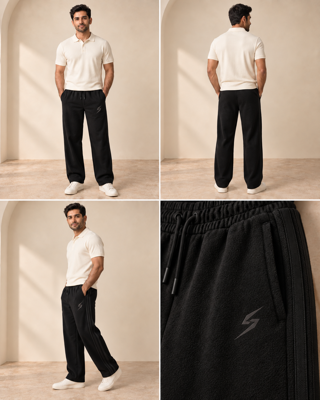 STRYKE Black Self-Stripe Wash Trousers on Pakistani male model with front, back and detail views