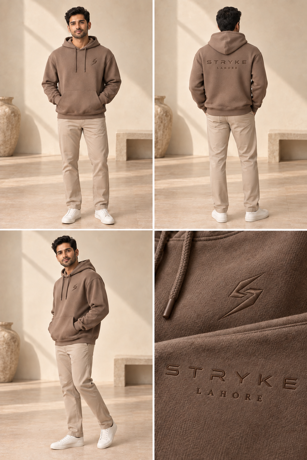 STRYKE Mocha Lahore Archive Fleece Hoodie on Pakistani male model with front, back and detail views