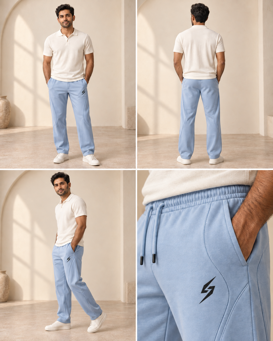 STRYKE Pastel Sky Meridian Panel Trousers on Pakistani male model with front, back and detail views