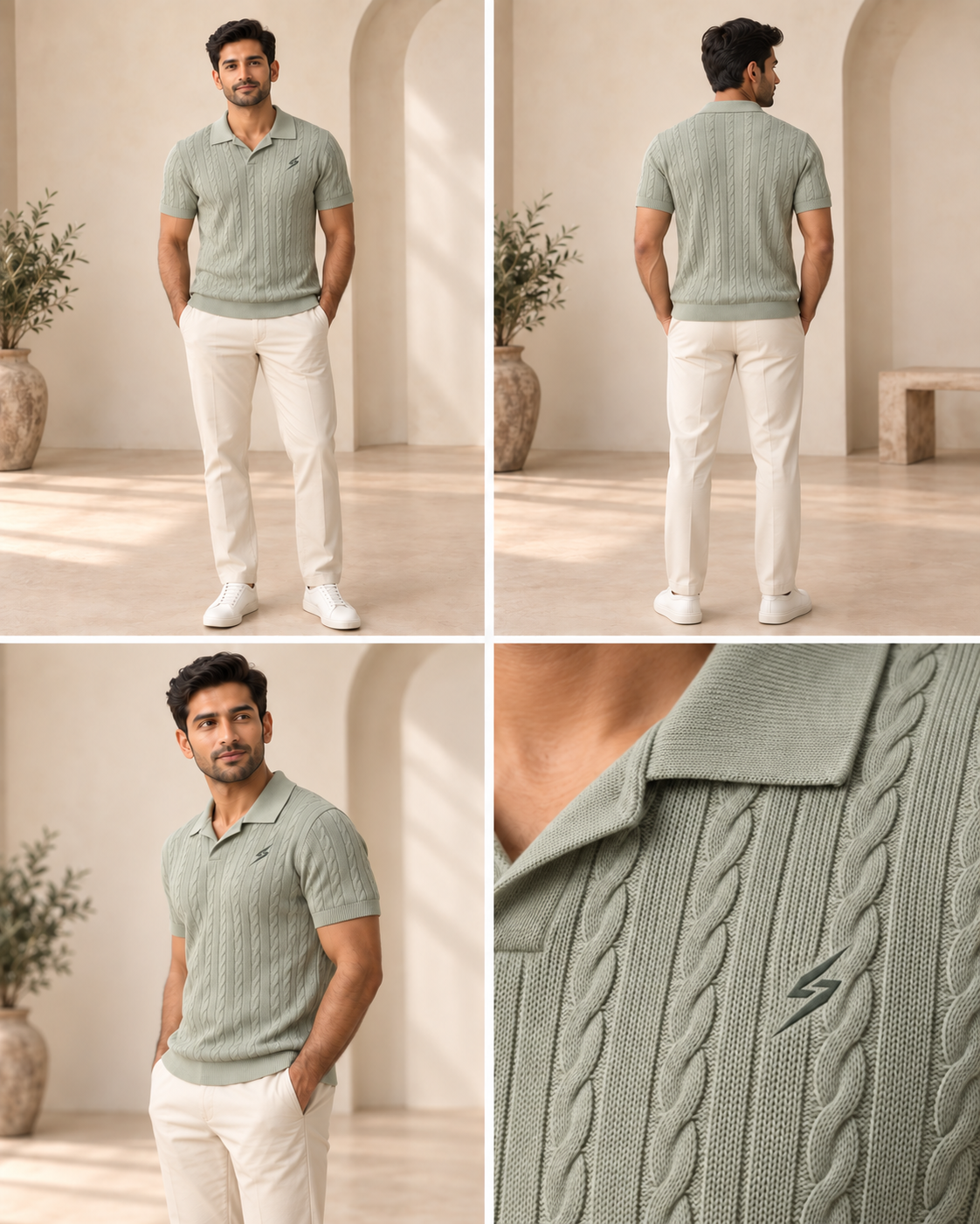 STRYKE Sage Mist Cable Polo on Pakistani male model with front, back and detail views