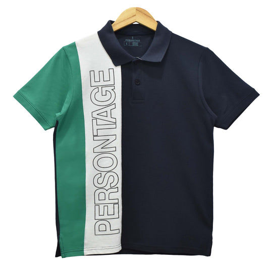 Navy & Green Printed Colour-Block Polo