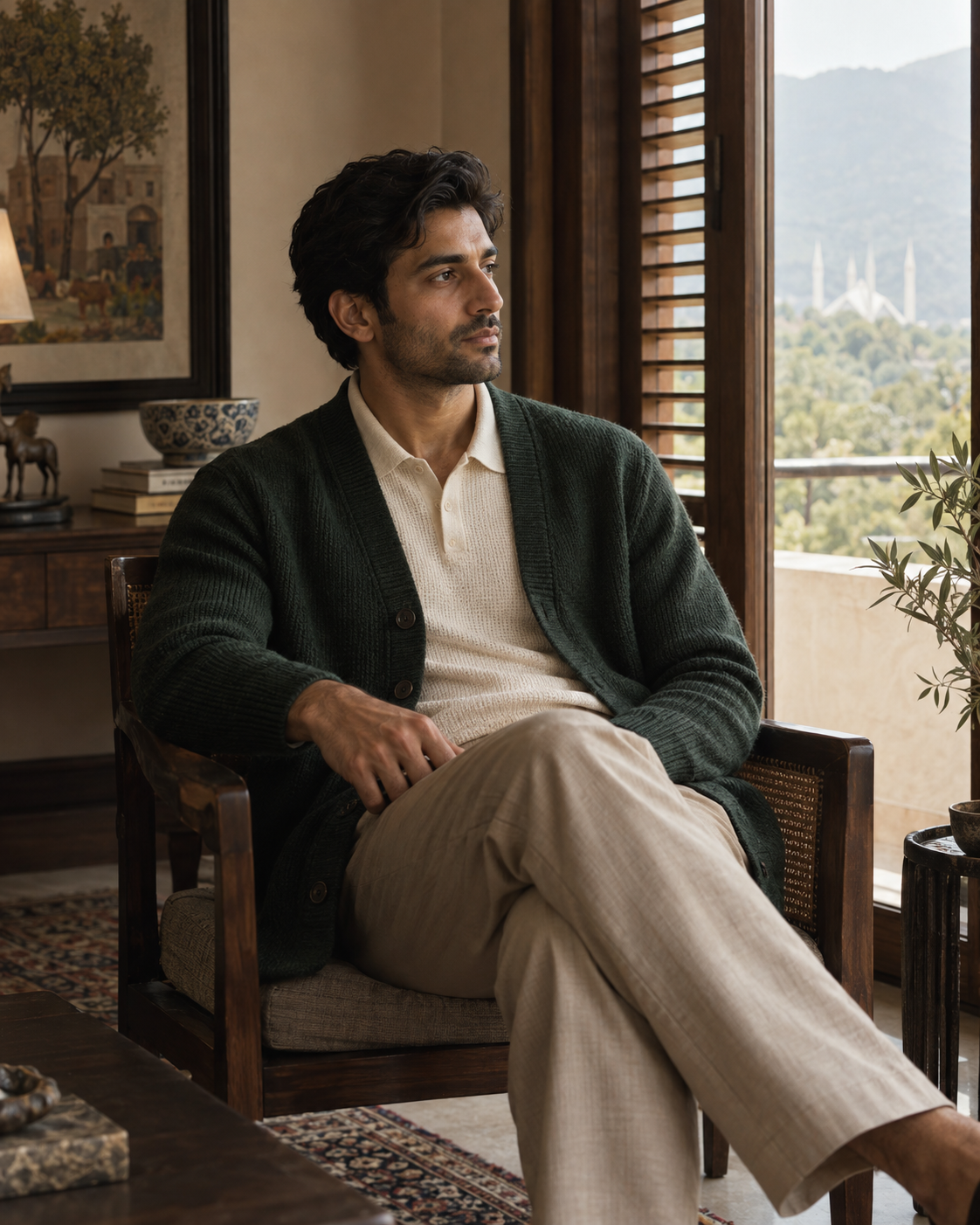 Pakistani menswear model wearing a forest cardigan in an Islamabad interior