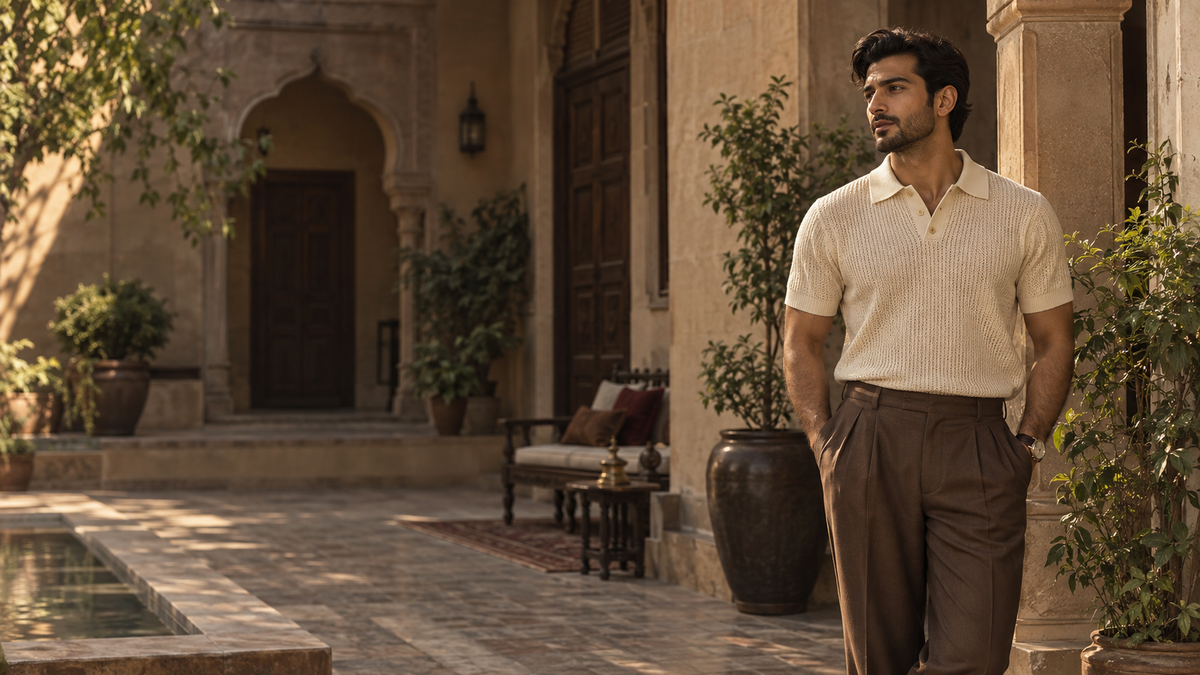 Pakistani menswear model in textured ivory knitwear in a Lahore heritage courtyard