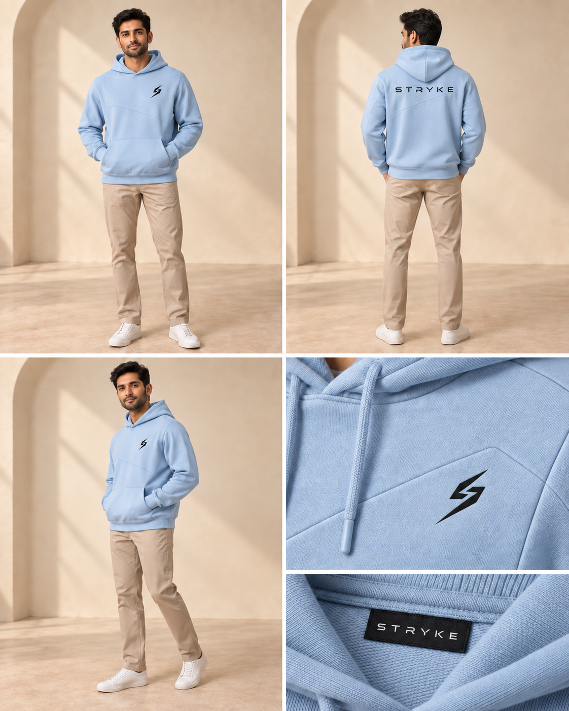 STRYKE Pastel Sky Panel Hoodie on Pakistani male model with front, back and detail views