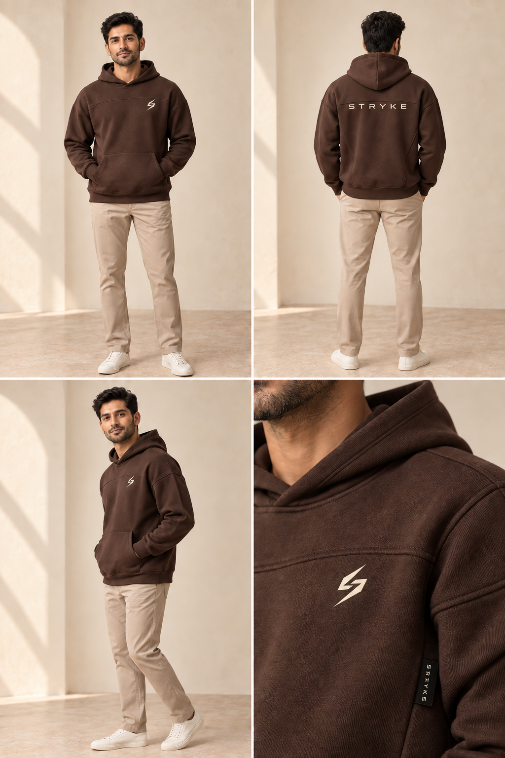 STRYKE Coffee Panel Hoodie on Pakistani male model with front, back and detail views