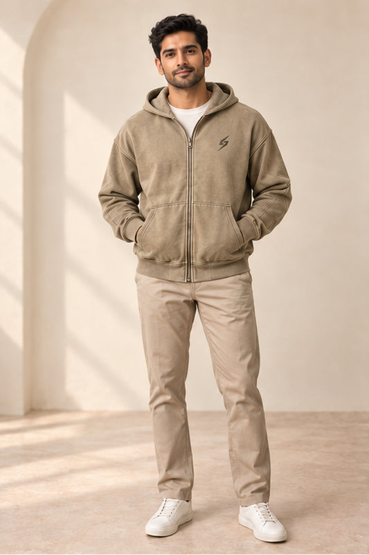 Khaki Heritage Wash Zip Hoodie — front view
