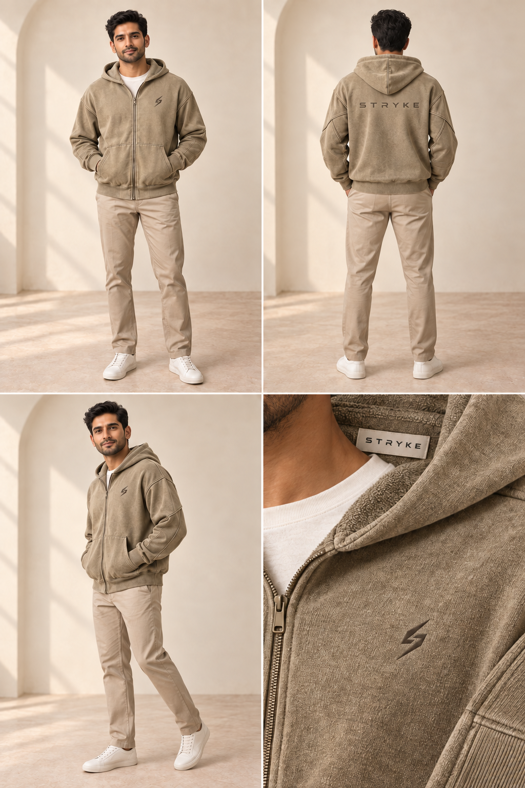 STRYKE Khaki Heritage Wash Zip Hoodie on Pakistani male model with front, back and detail views