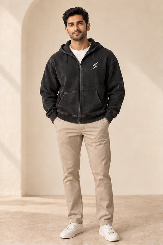 Black Heritage Wash Zip Hoodie — front view