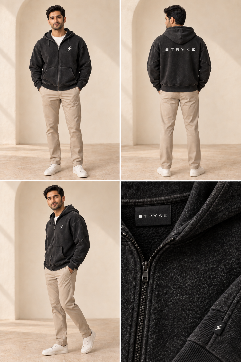 STRYKE Black Heritage Wash Zip Hoodie on Pakistani male model with front, back and detail views
