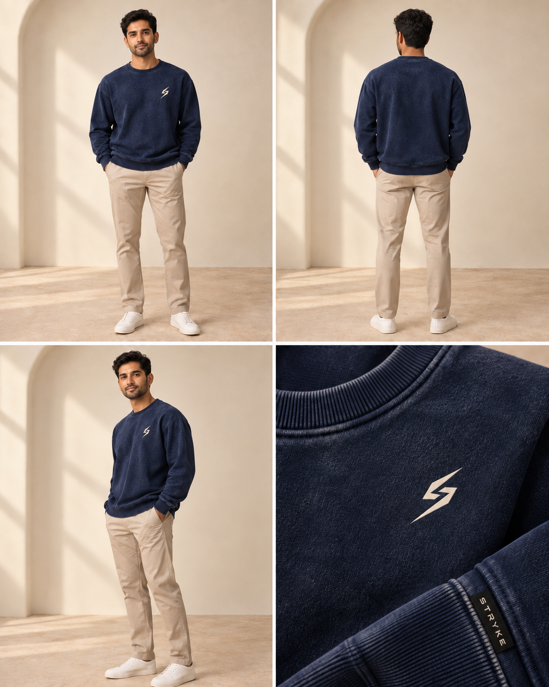 STRYKE Navy Archive Wash Sweatshirt on Pakistani male model with front, back and detail views