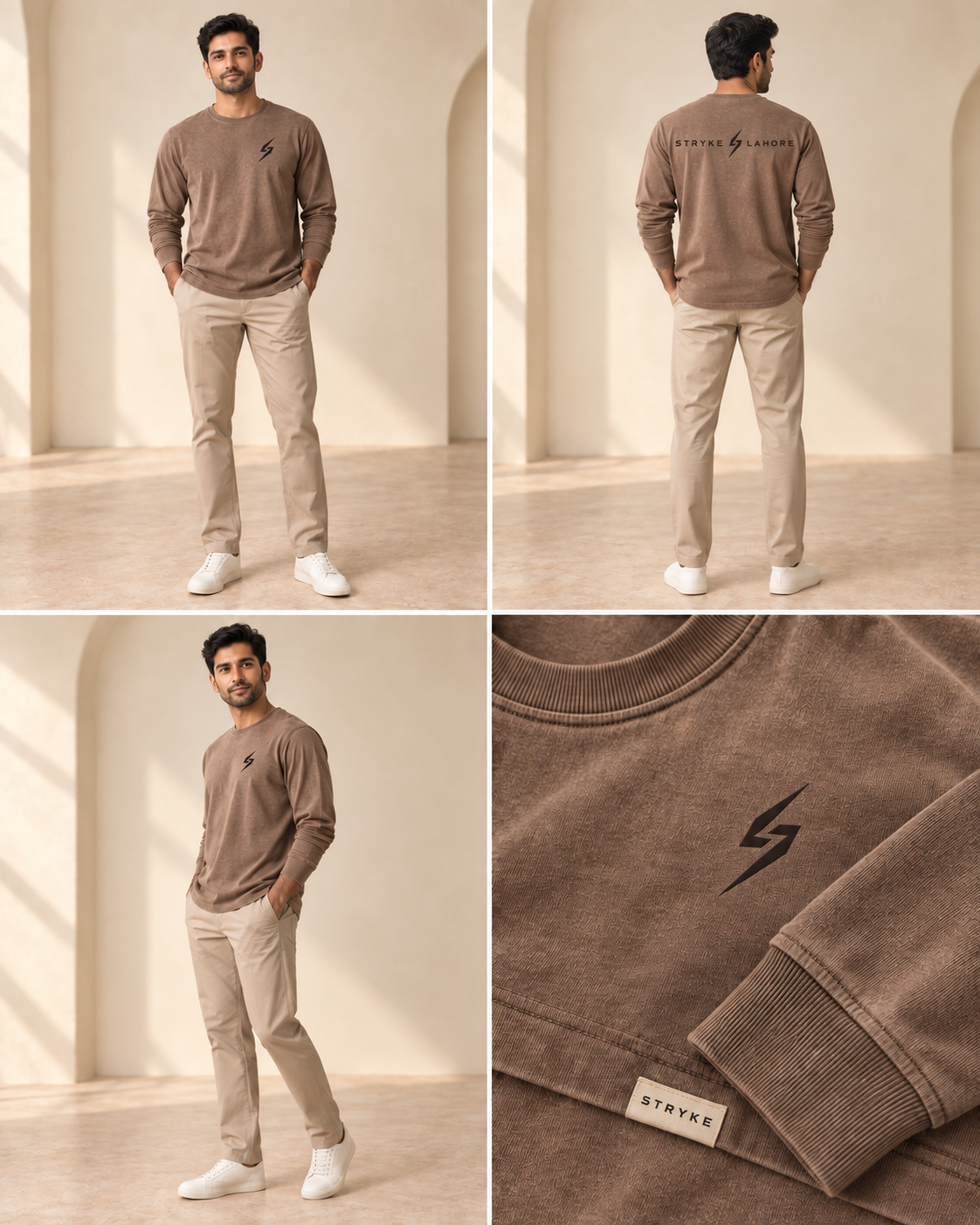 STRYKE Mocha Voyage Archive Long-Sleeve Tee on Pakistani male model with front, back and detail views