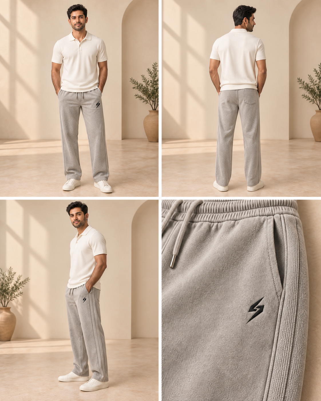 STRYKE Cement Self-Stripe Wash Trousers on Pakistani male model with front, back and detail views