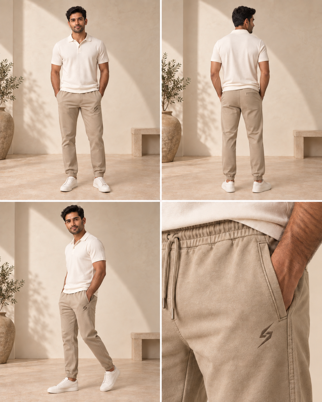 STRYKE Khaki Everyday Wash Joggers on Pakistani male model with front, back and detail views