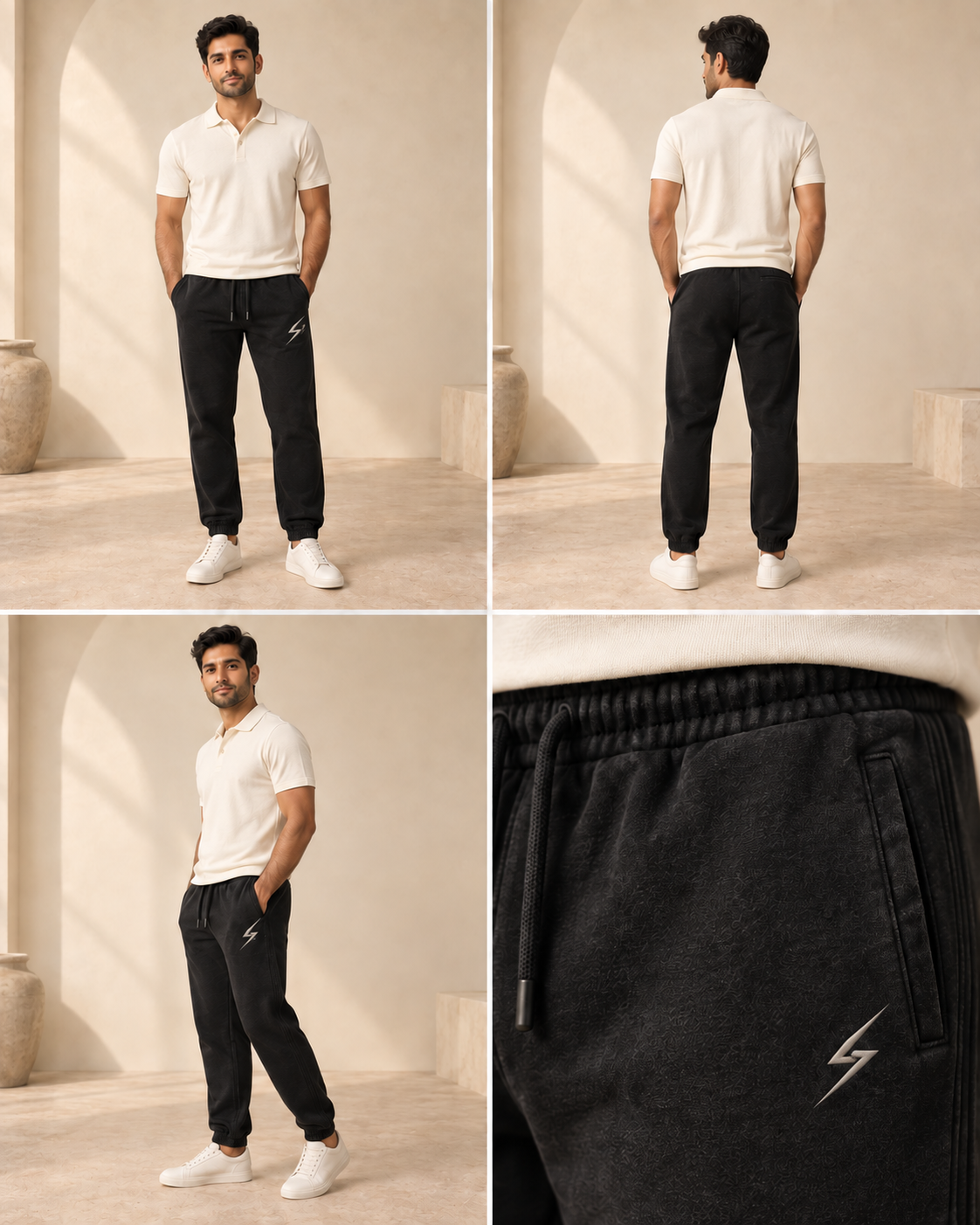 STRYKE Black Everyday Wash Joggers on Pakistani male model with front, back and detail views