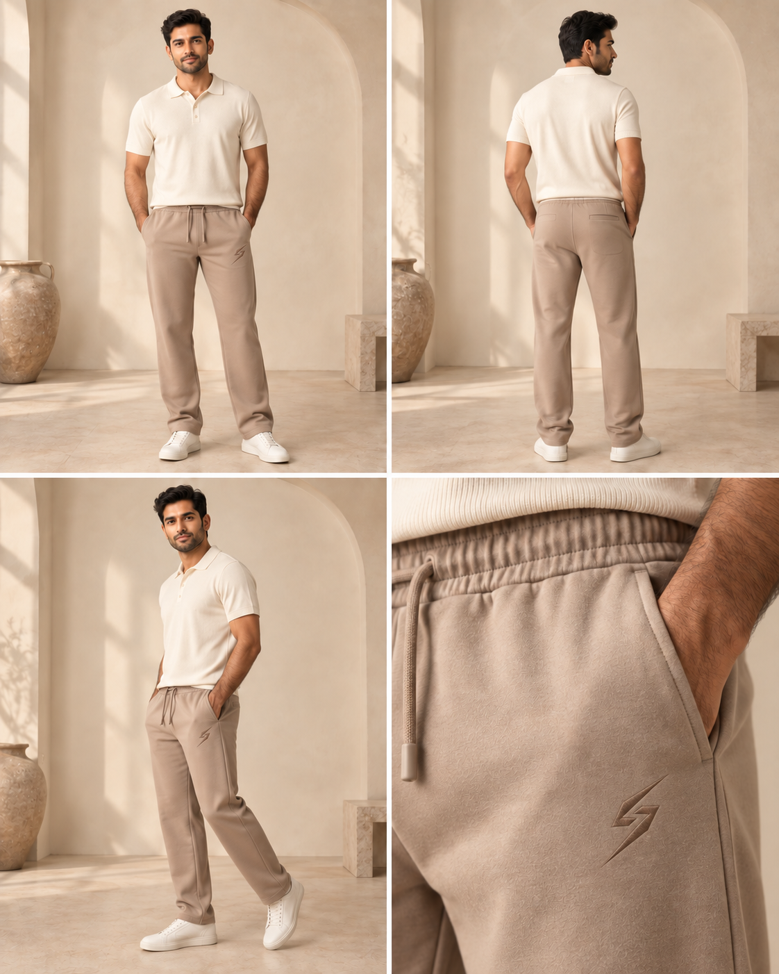 STRYKE Mocha Ease Fleece Trousers on Pakistani male model with front, back and detail views