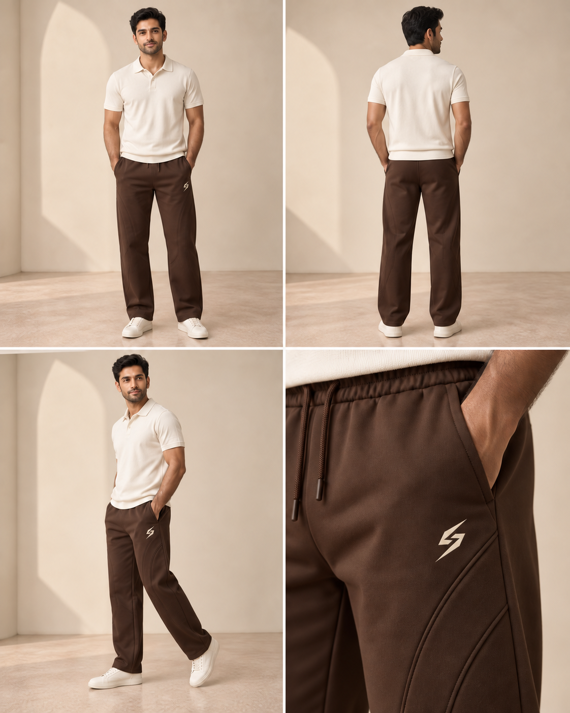 STRYKE Coffee Meridian Panel Trousers on Pakistani male model with front, back and detail views