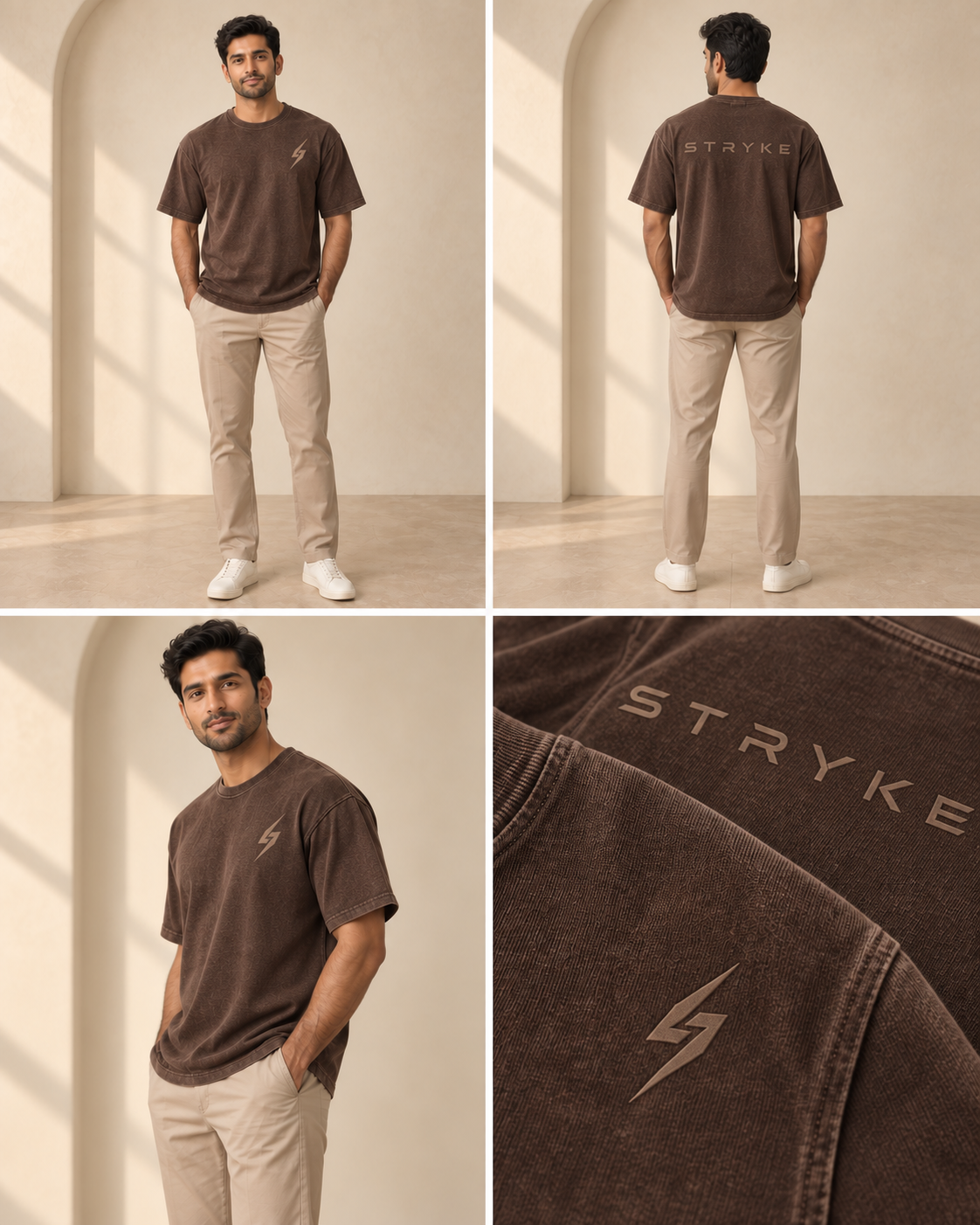 STRYKE Espresso Heritage Appliqué Tee on Pakistani male model with front, back and detail views