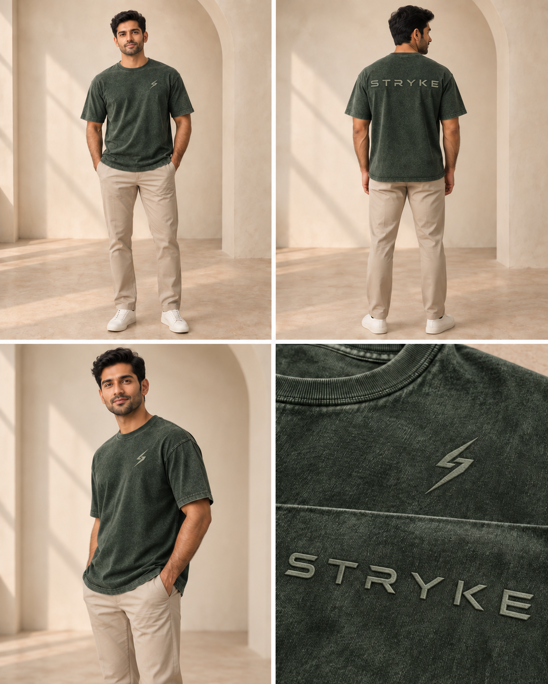STRYKE Fern Heritage Appliqué Tee on Pakistani male model with front, back and detail views