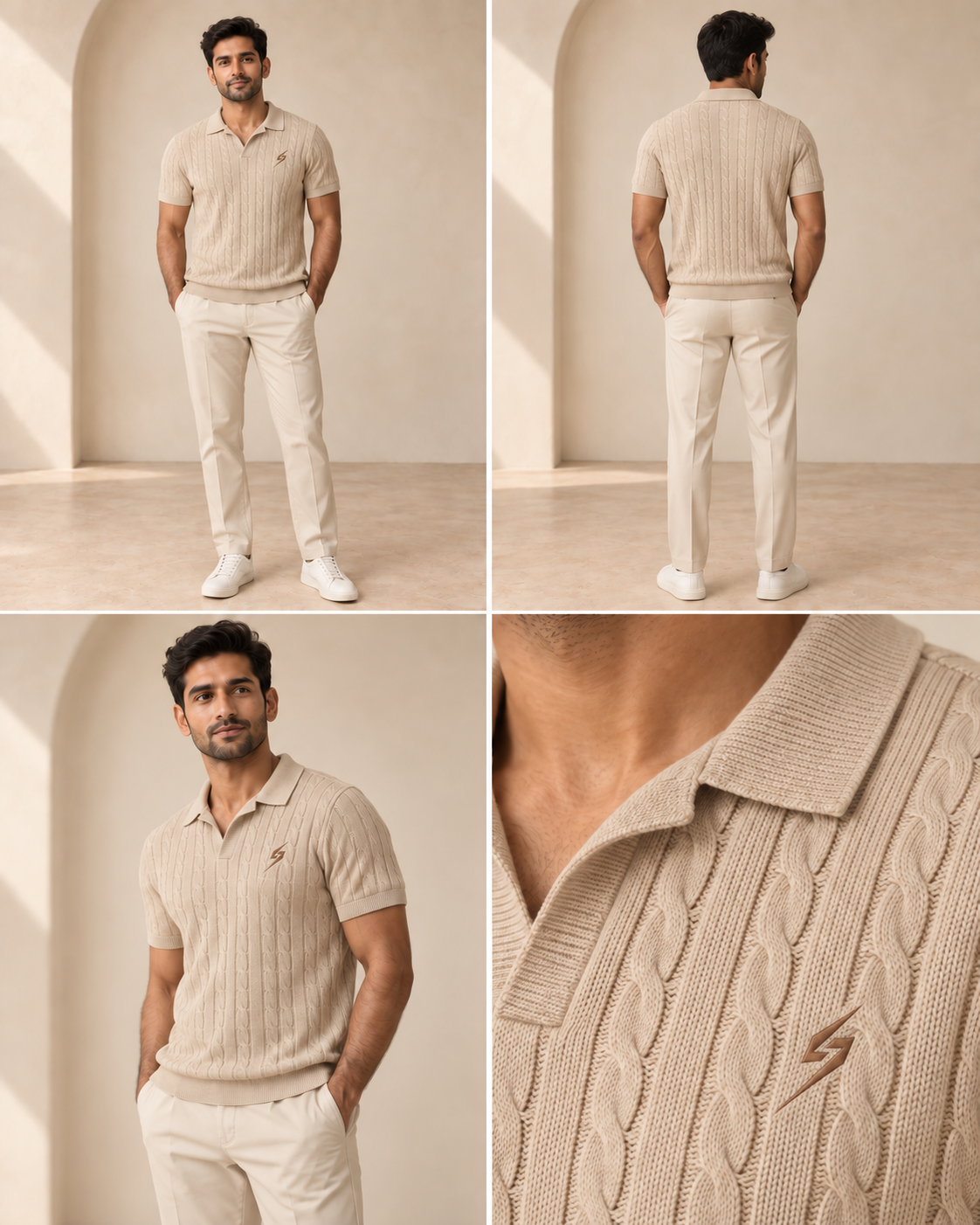 STRYKE Beige Cable Johnny Polo on Pakistani male model with front, back and detail views