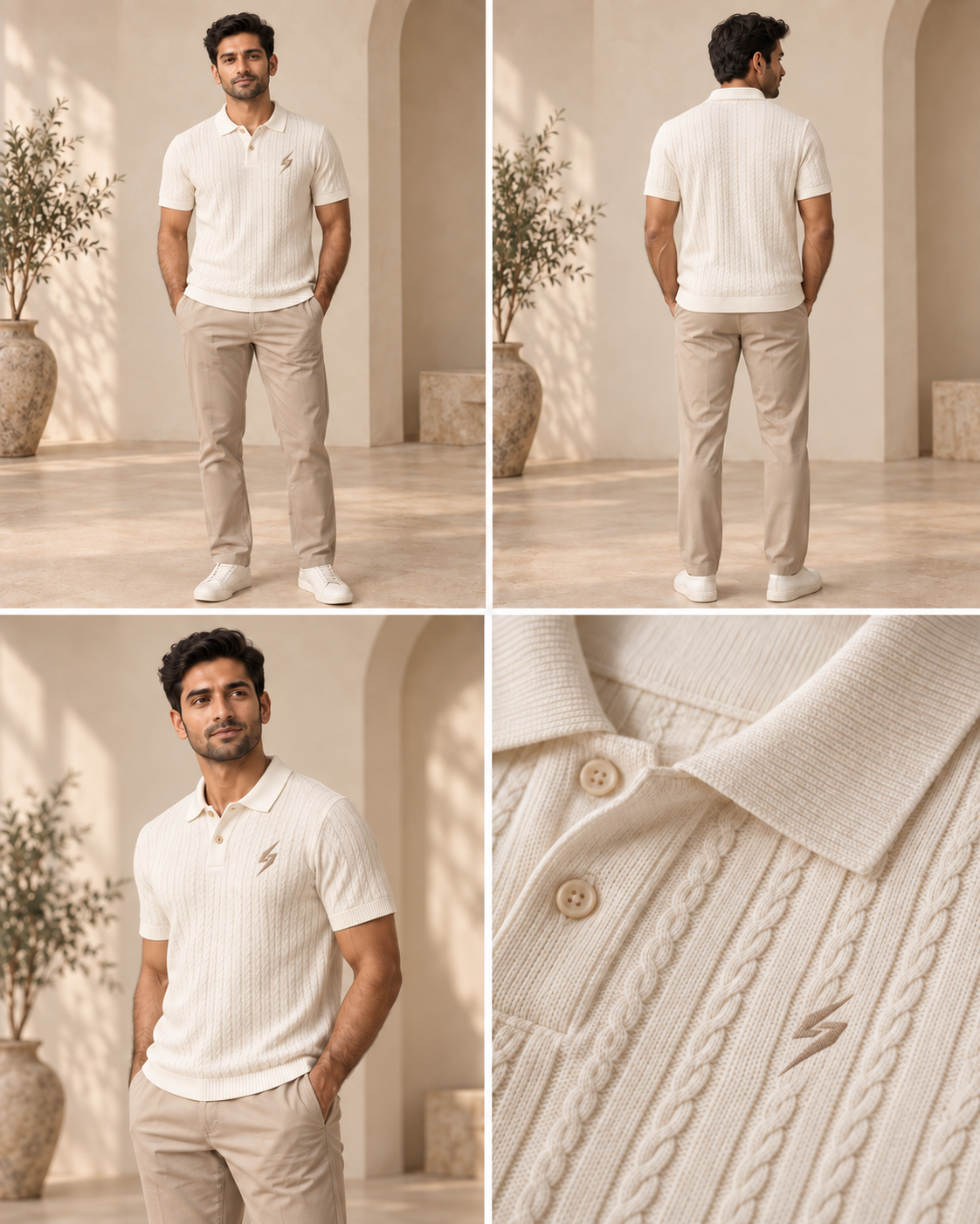 STRYKE Ivory Fine-Cable Polo on Pakistani male model with front, back and detail views
