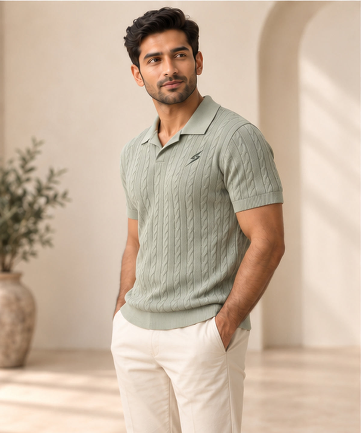 Sage Mist Cable Polo — angled view