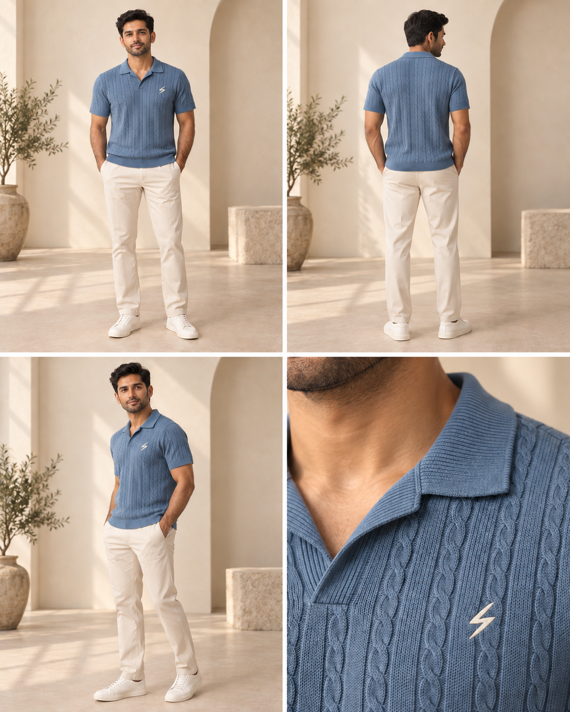 STRYKE Coastal Blue Cable Polo on Pakistani male model with front, back and detail views