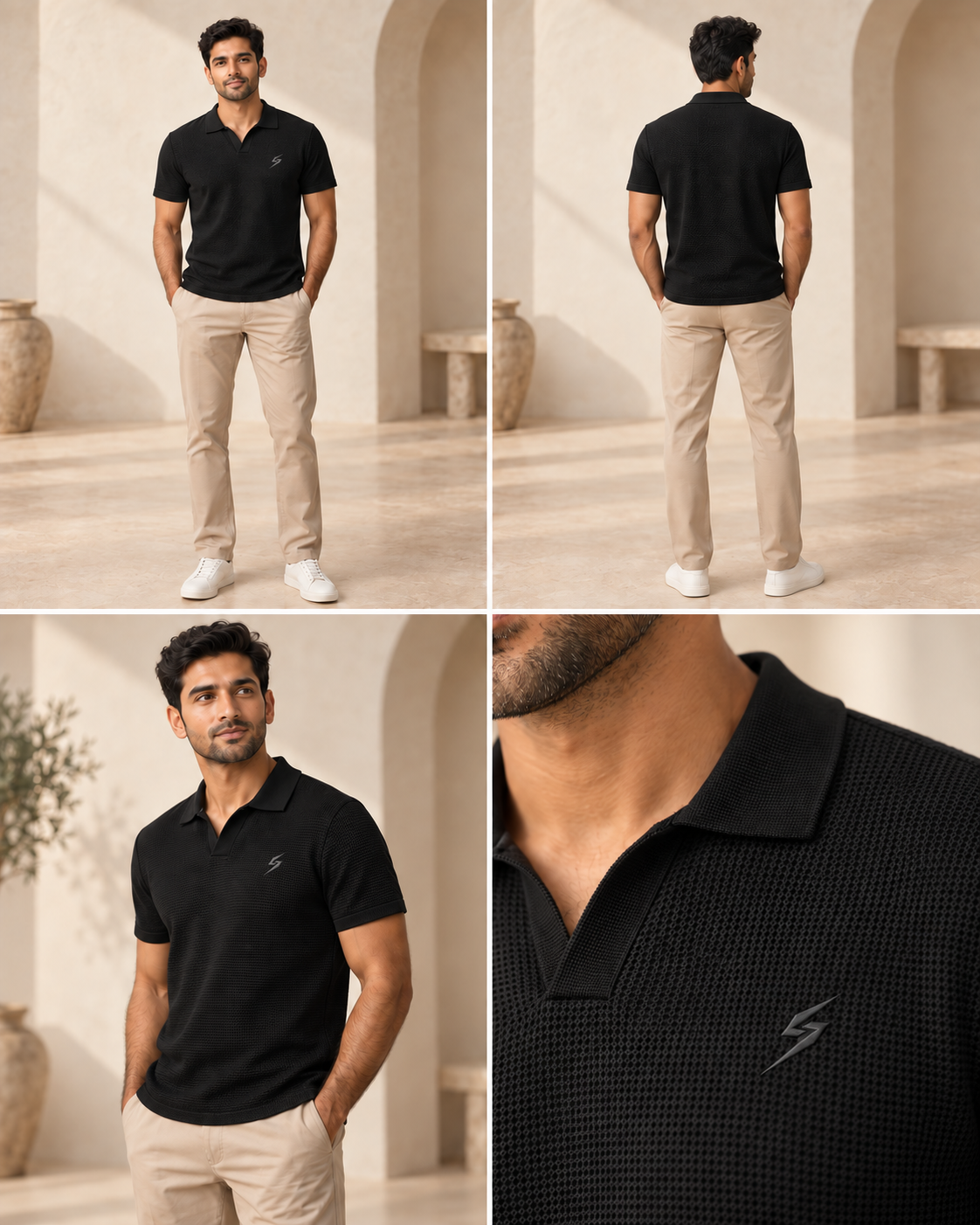 STRYKE Black Riviera Textured Johnny Polo on Pakistani male model with front, back and detail views