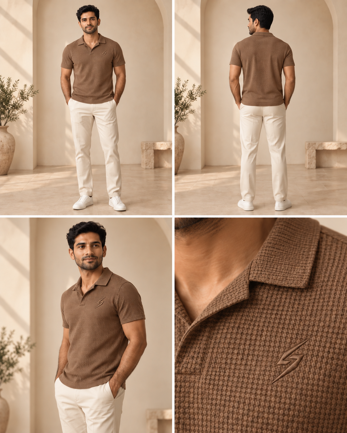 STRYKE Hazelnut Riviera Textured Johnny Polo on Pakistani male model with front, back and detail views