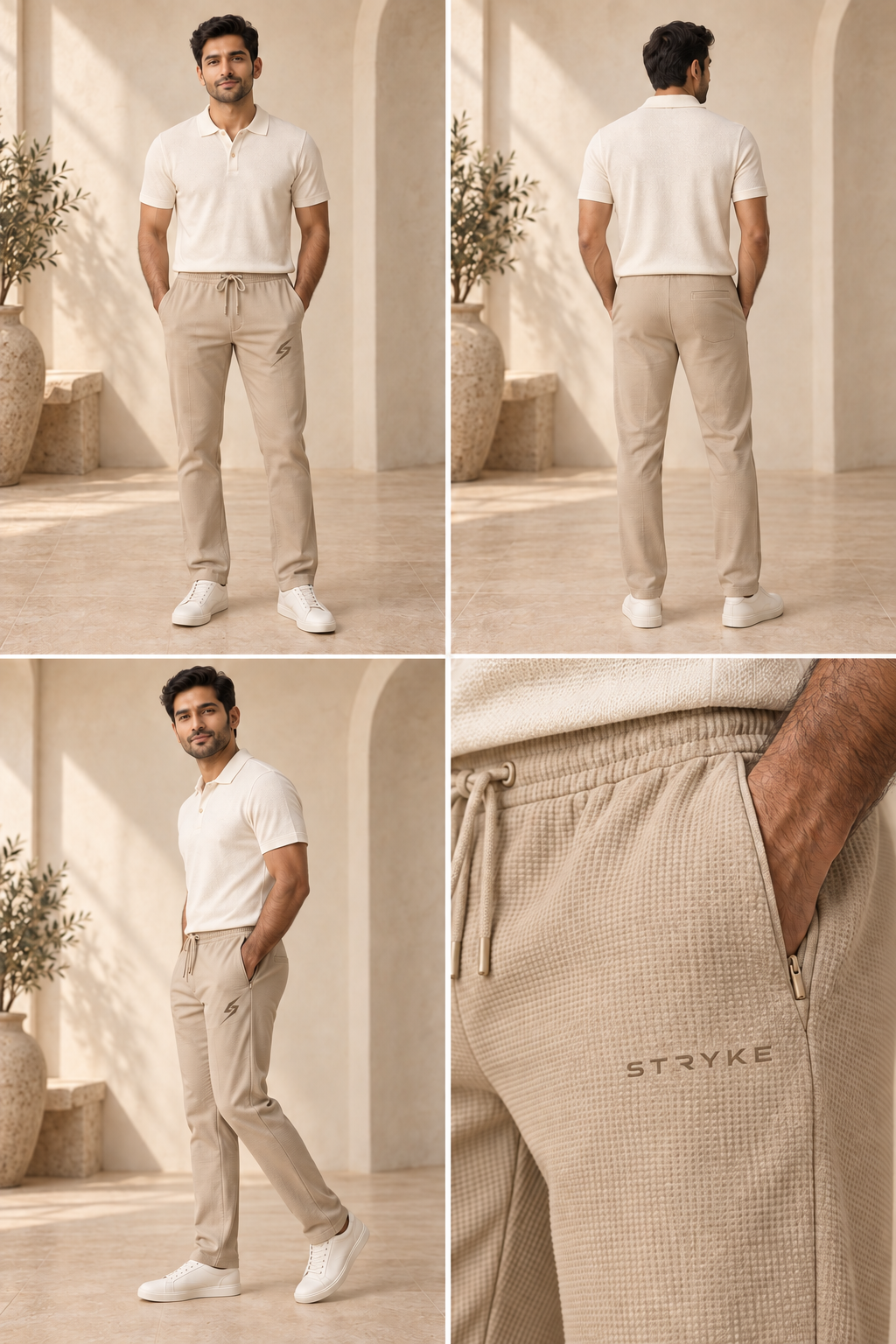 STRYKE Sand Waffle Ease Trousers on Pakistani male model with front, back and detail views
