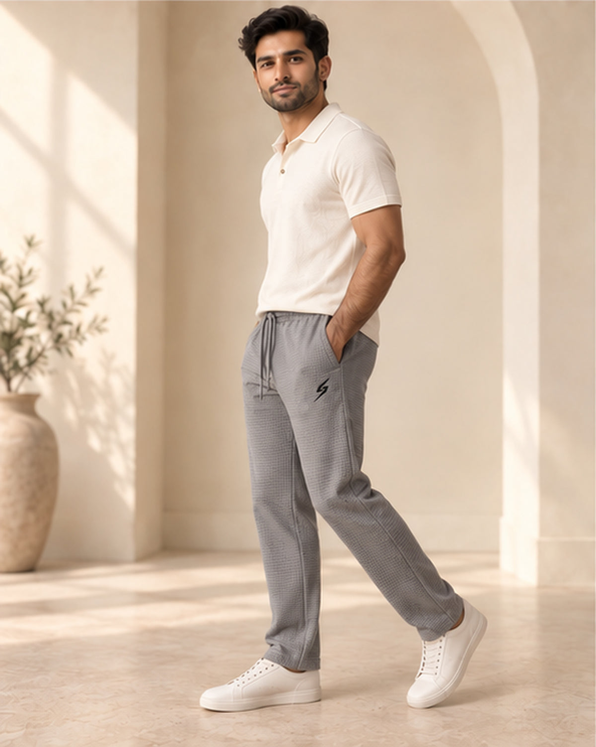Grey Waffle Ease Trousers — angled view