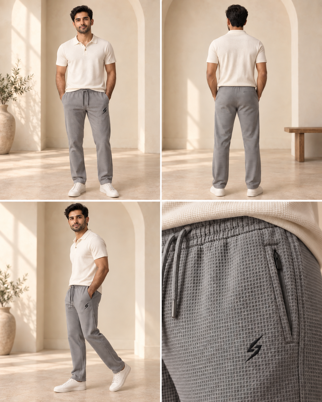 STRYKE Grey Waffle Ease Trousers on Pakistani male model with front, back and detail views